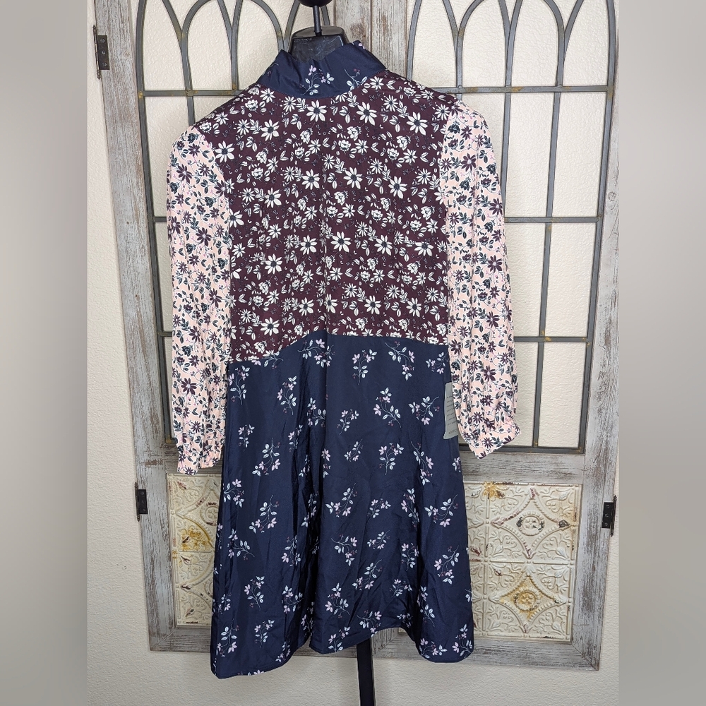 New 1901 Women's Mixed Floral Panel Dress - Navy, Burgundy & Blush Size 14